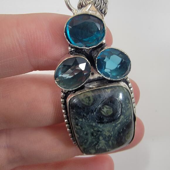Handmade Silver Pendant with Kambaba Jasper and Blue Topaz Trio - Picture 10 of 10